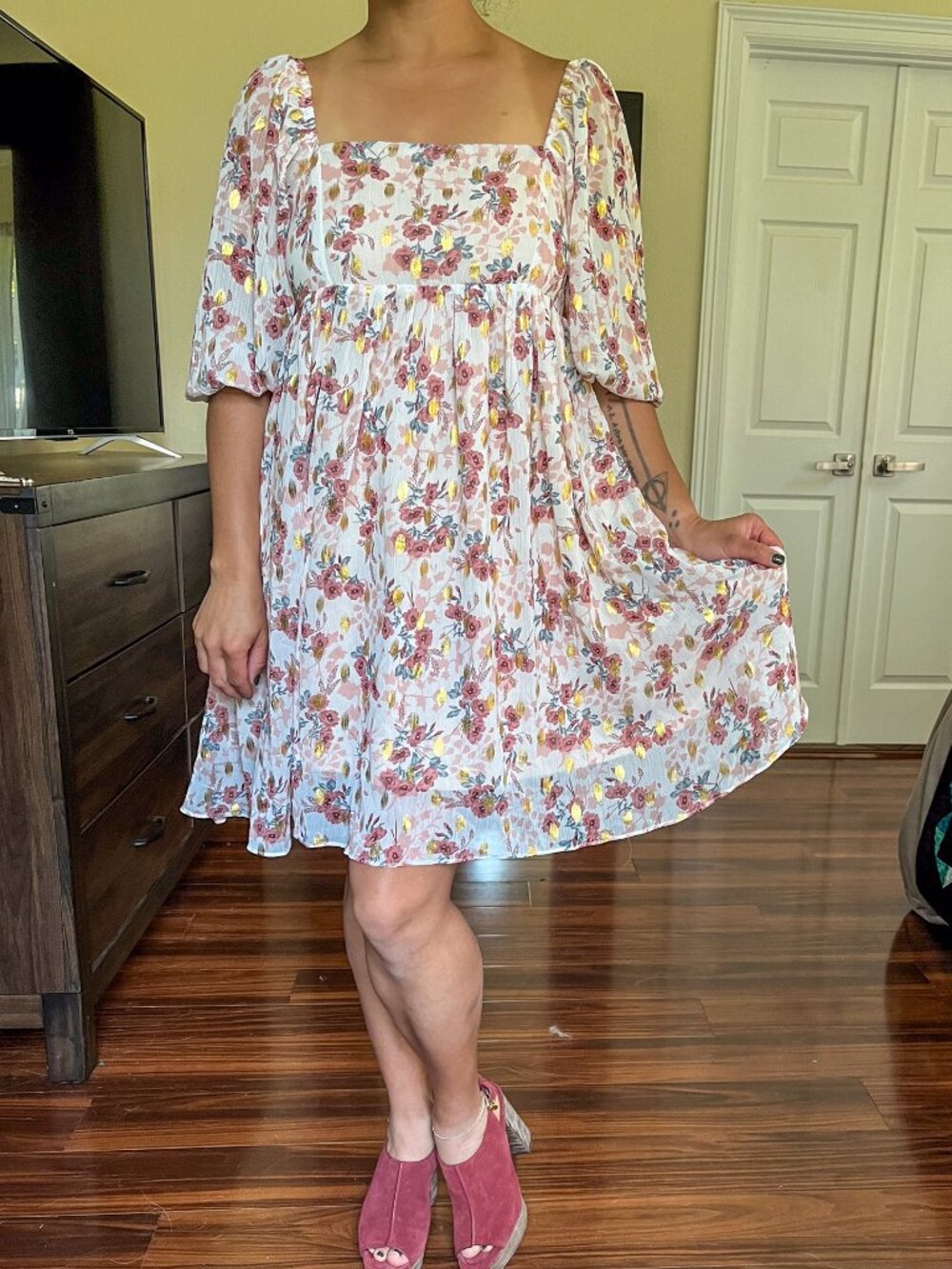 Square neck dress with gold and floral detail